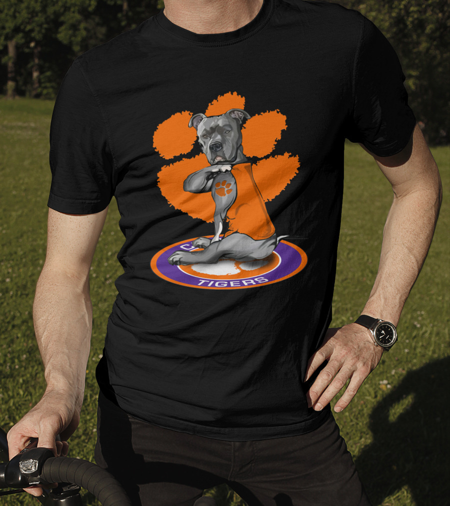 Clemson Tigers Dog With Paw Print Tattoo And Orange Vest T-Shirt