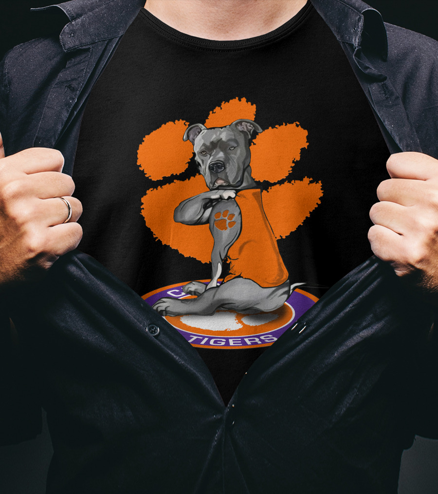 Clemson Tigers Dog With Paw Print Tattoo And Orange Vest T-Shirt