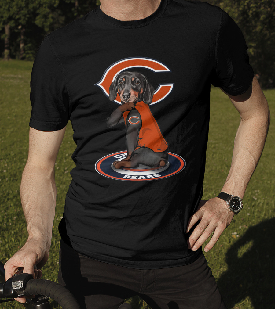 Chicago Bears Dog With Logo On Arm And Backdrop T-Shirt