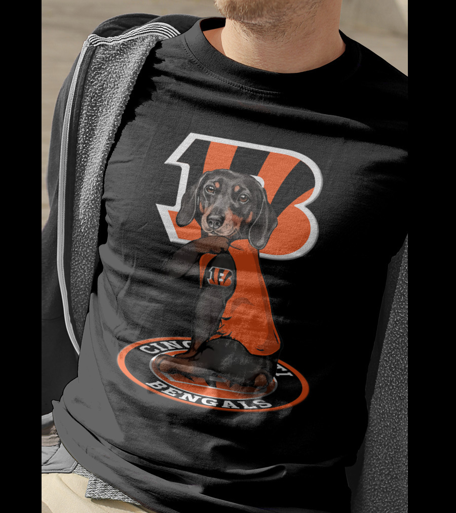 Cincinnati Bengals Dachshund In Team Jersey With Bengals T-Shirt