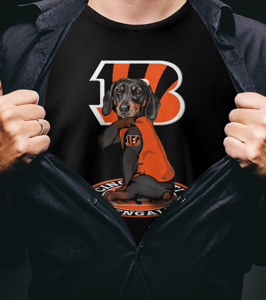 Cincinnati Bengals Dachshund In Team Jersey With Bengals T-Shirt