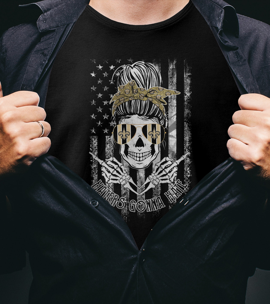 New Orleans Saints Skull Haters Gonna Hate Usa Flag Gold Bow Fleur-De-Lis Sunglasses T-Shirt