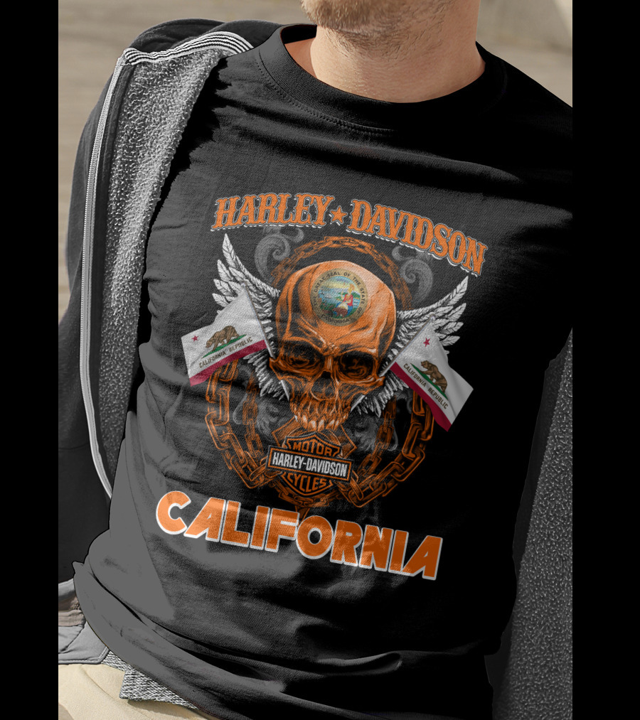 Harley Davidson California Skull Emblem With State Flag And Wings T-Shirt