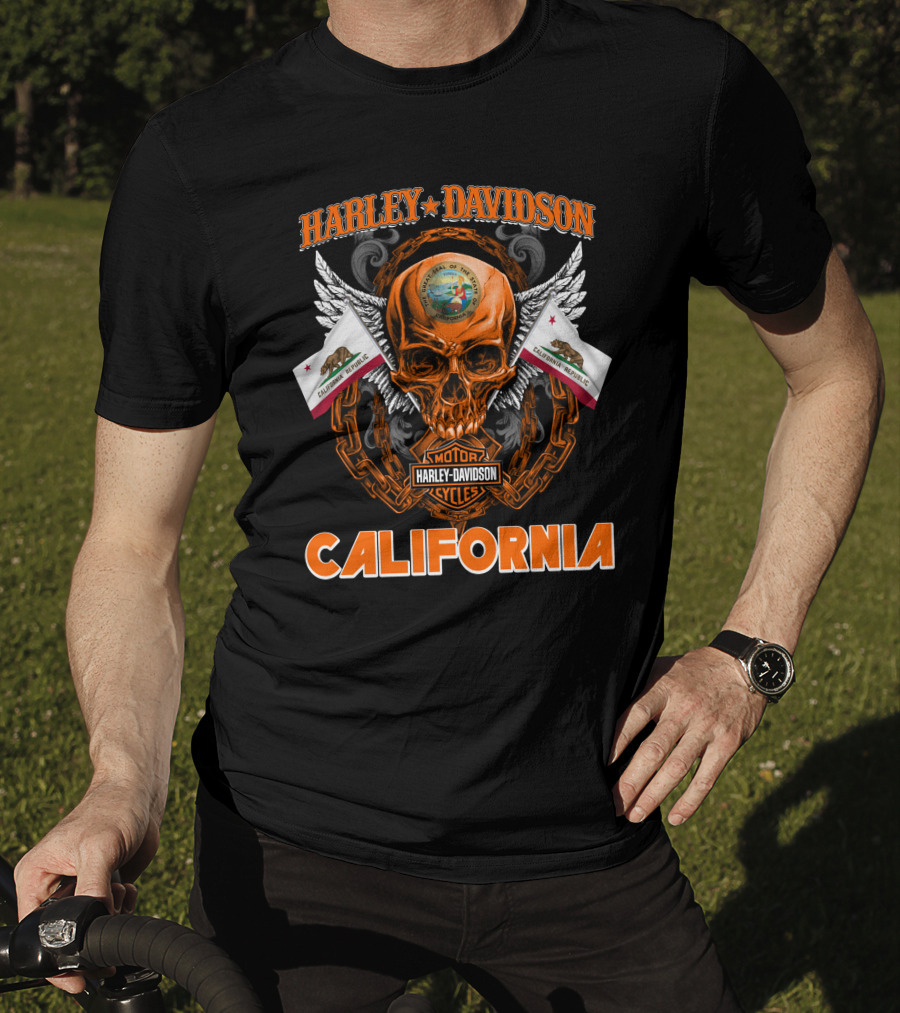 Harley Davidson California Skull Emblem With State Flag And Wings T-Shirt