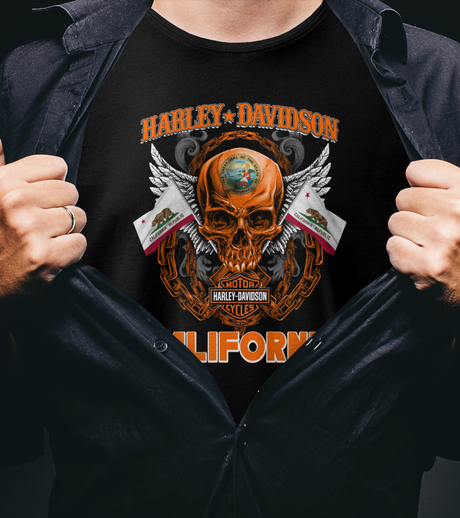 Harley Davidson California Skull Emblem With State Flag And Wings T-Shirt