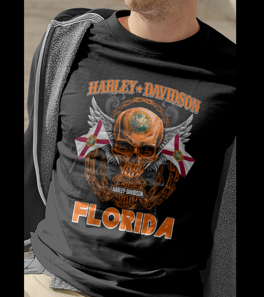 Harley Davidson Florida Skull With Chains And Florida Flags T-Shirt