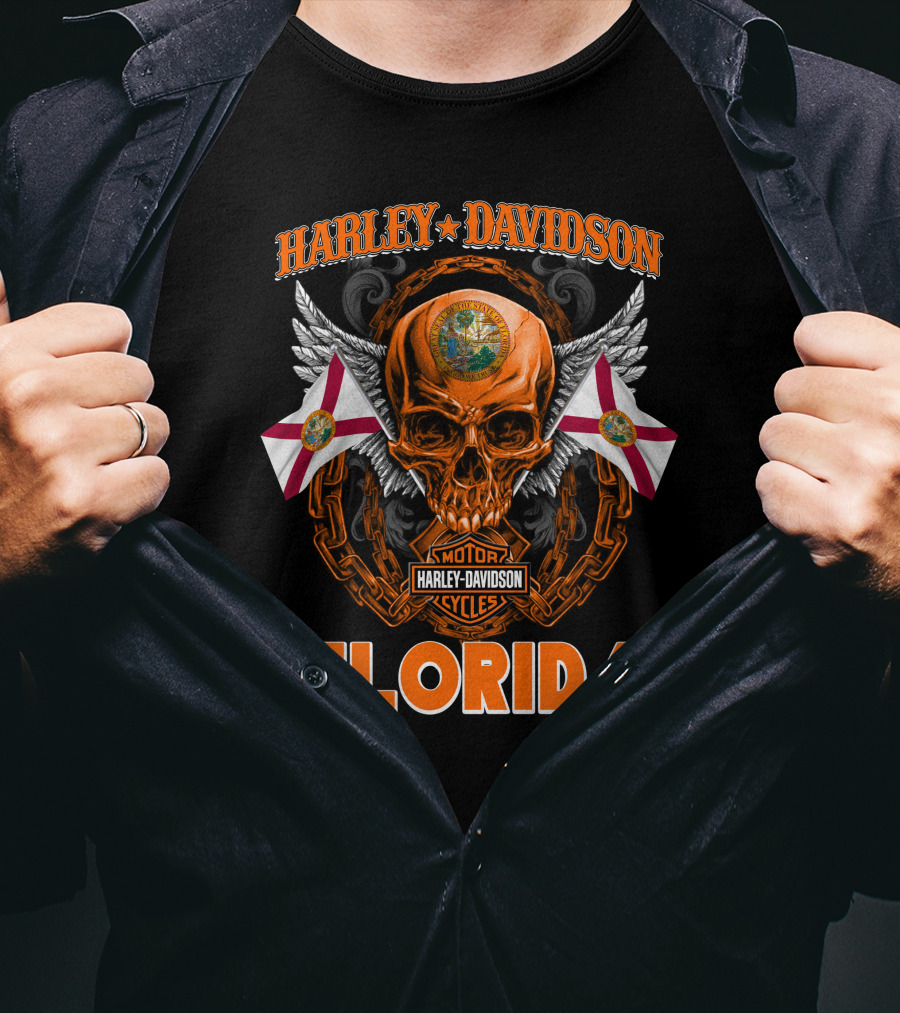 Harley Davidson Florida Skull With Chains And Florida Flags T-Shirt