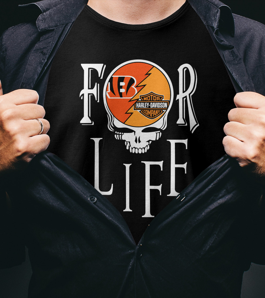 Cincinnati Bengals Harley Davidson Nfl For Life Skull T-Shirt