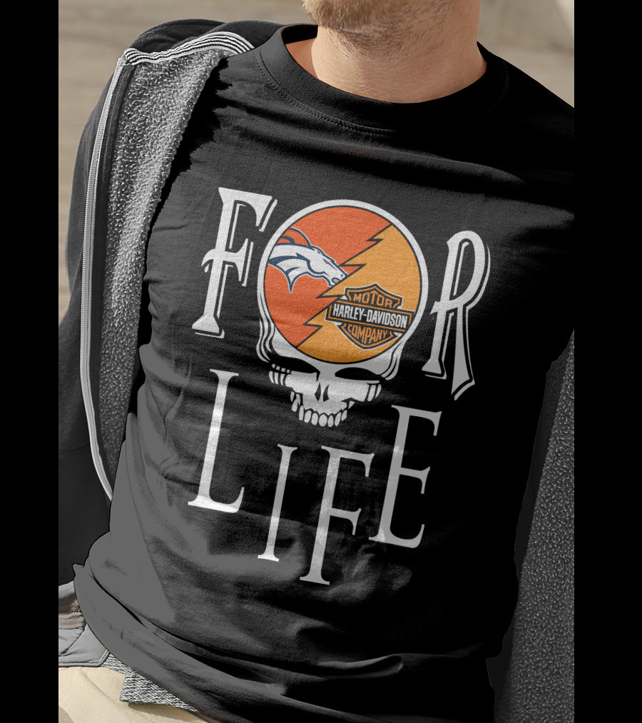 Denver Broncos Harley Davidson Nfl For Life Skull T-Shirt