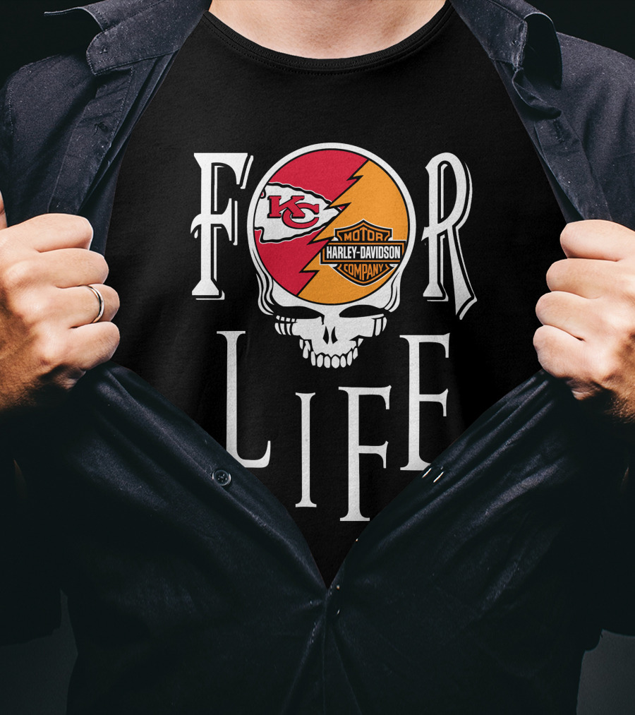 Kansas City Chiefs Harley Davidson Nfl For Life Skull T-Shirt