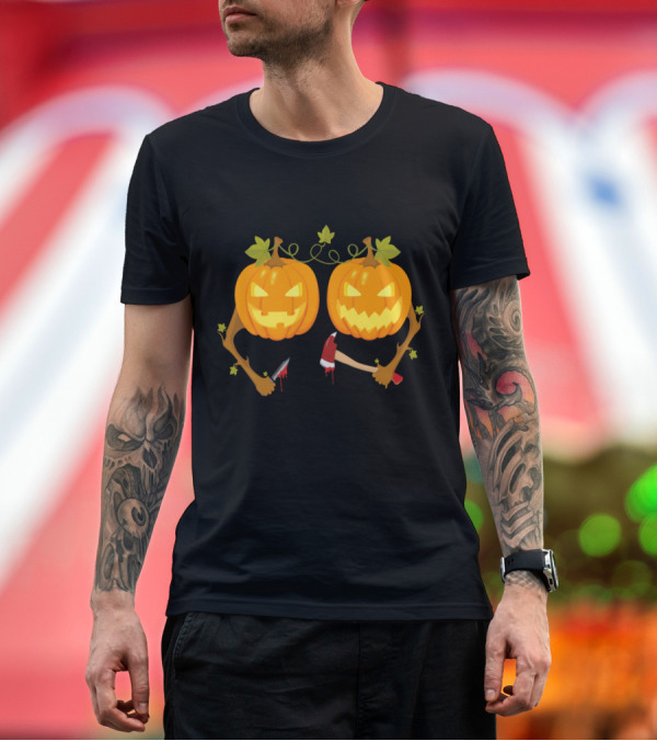 Premium T-Shirt: Halloween Pumpkins Twins with Axe and Knife T-Shirt Halloween Pumpkins Twins with Axe and Knife T-Shirt