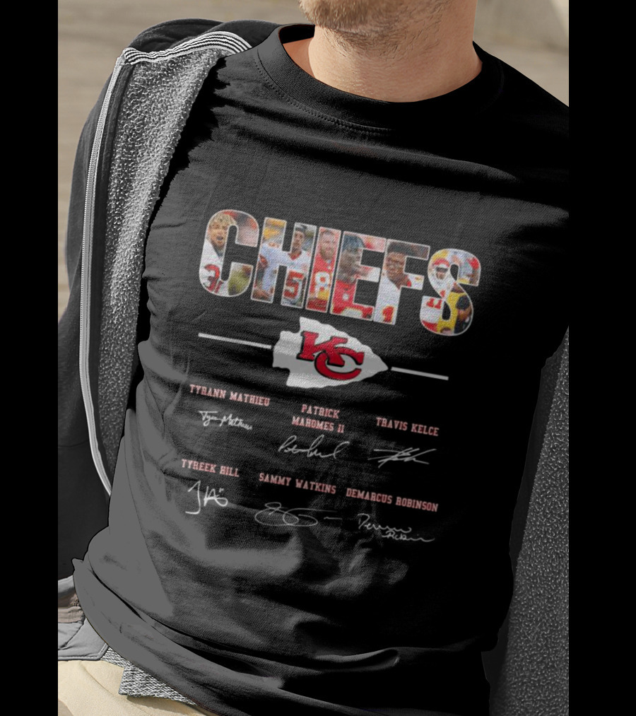 Chiefs Patrick Mahomes Tyrann Mathieu Travis Kelce Tyreek Hill Sammy Watkins Demarcus Robinson Kc Team Signature T-Shirt
