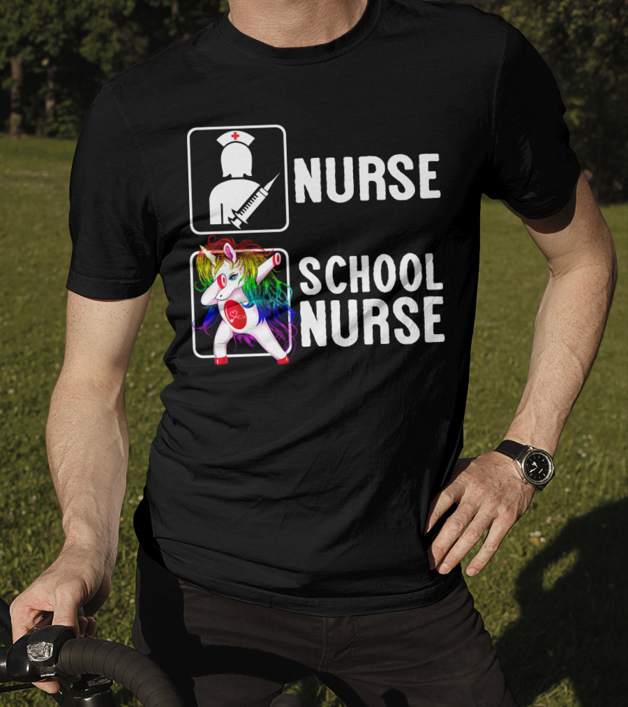 Nurse School Nurse Unicorn Rainbow Contrast T-Shirt
