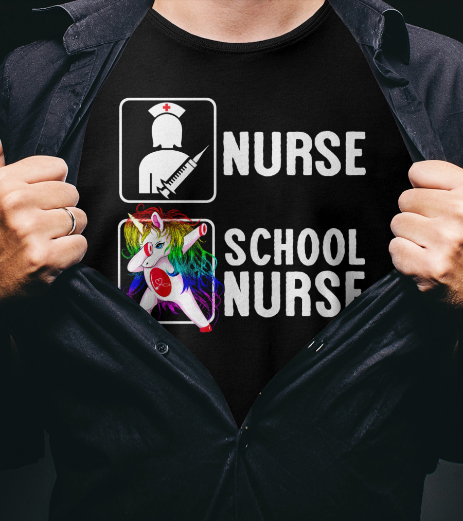Nurse School Nurse Unicorn Rainbow Contrast T-Shirt