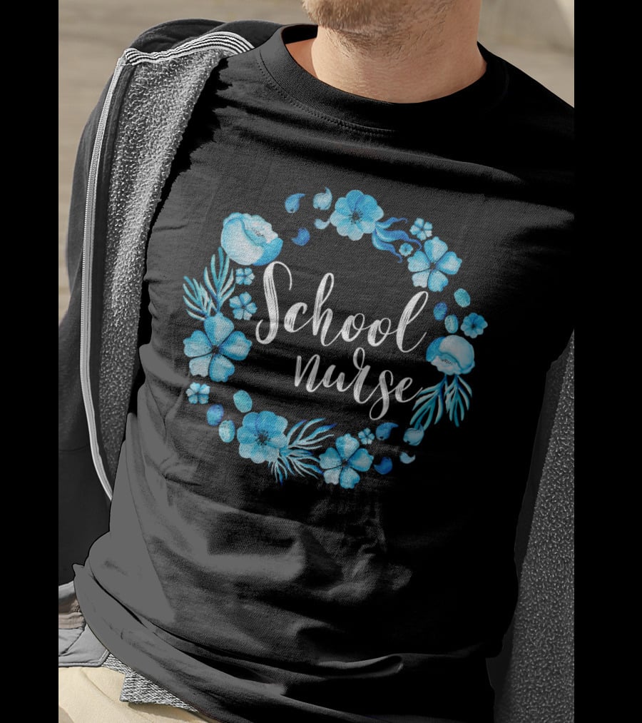 School Nurse Blue Floral Circle T-Shirt