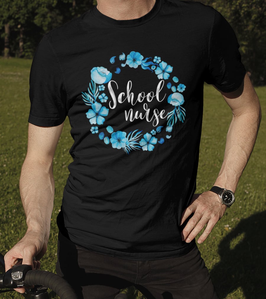 School Nurse Blue Floral Circle T-Shirt