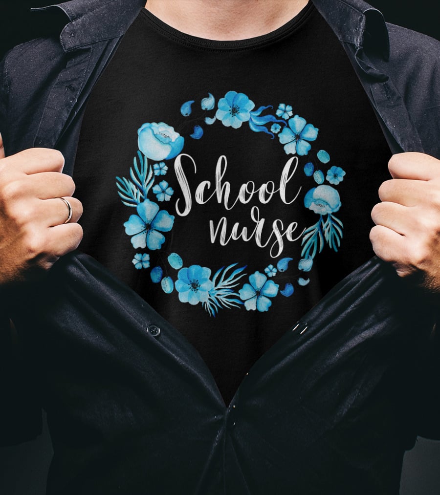 School Nurse Blue Floral Circle T-Shirt