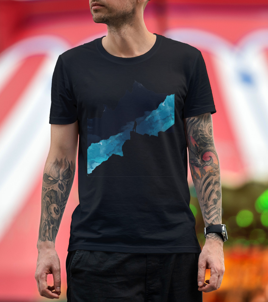 Dark Mountains Silhouette Over Blue Cosmic Landscape T-Shirt