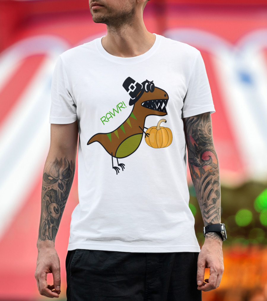 RAWR Pumpkin Dino with Pilgrim Hat T-Shirt
