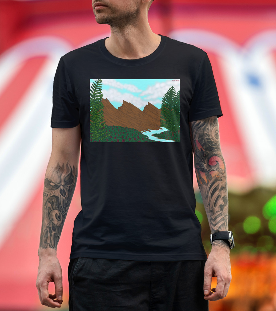 Brown Mountains Landscape with Evergreen Trees and Flowing River by Daniel Moody T-Shirt