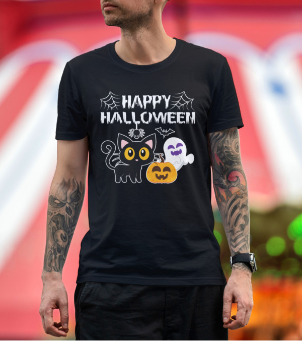 Premium T-Shirt: Happy Halloween Black Cat Pumpkin Bat Ghost Spider Webs T-Shirt Happy Halloween Black Cat Pumpkin Bat Ghost Spider Webs T-Shirt