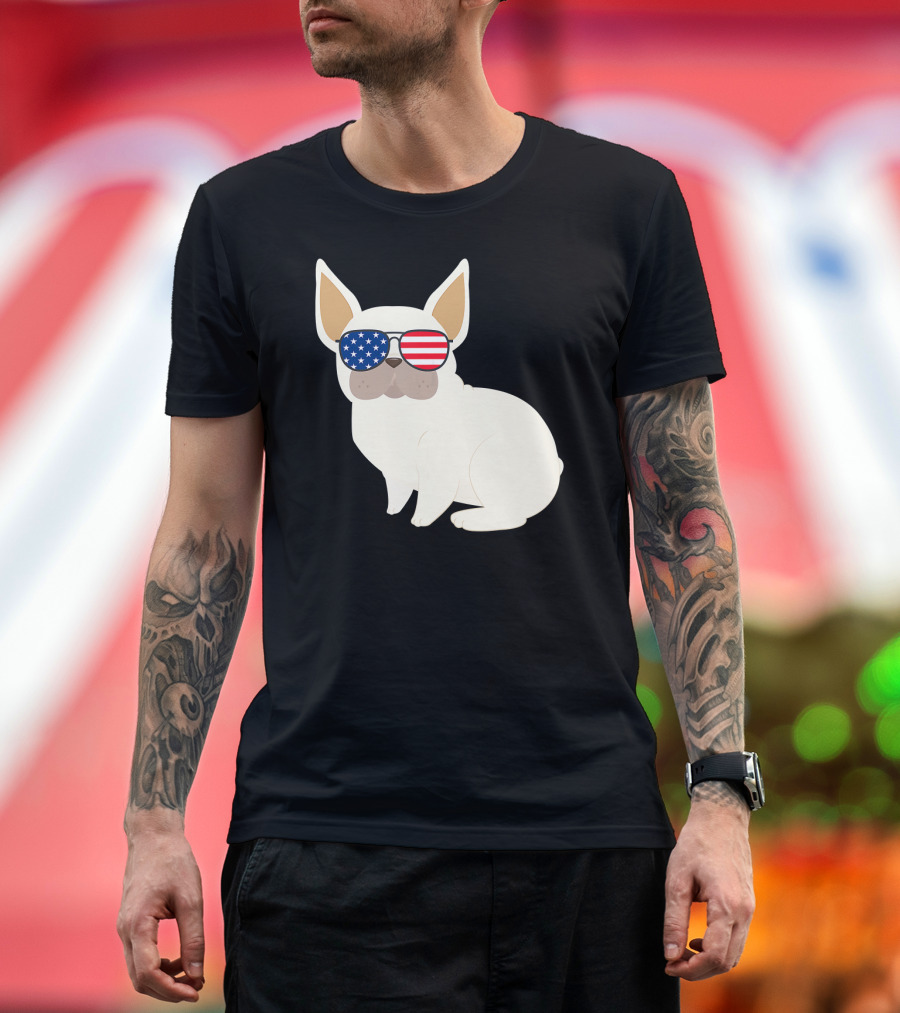 4th of July French Bulldog Dog Patriotic American Flag Sunglasses T-Shirt