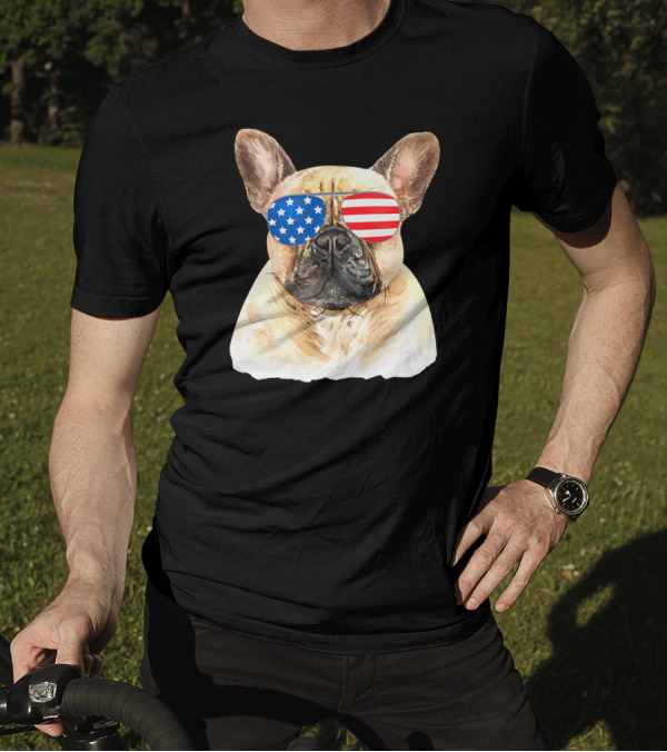 4th Of July Merica French Bulldog American Flag Sunglasses T-Shirt