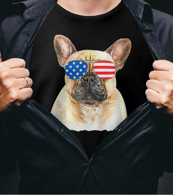4th Of July Merica French Bulldog American Flag Sunglasses T-Shirt