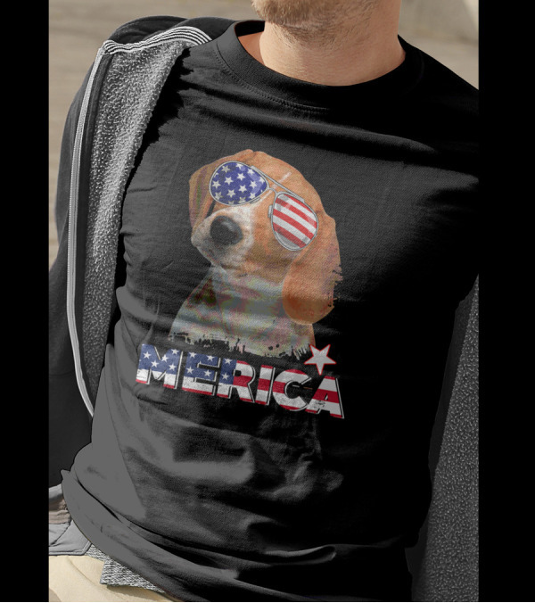 Merica Patriotic Beagle With American Flag Sunglasses T-Shirt