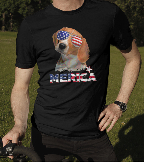 Merica Patriotic Beagle With American Flag Sunglasses T-Shirt