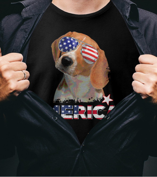 Merica Patriotic Beagle With American Flag Sunglasses T-Shirt