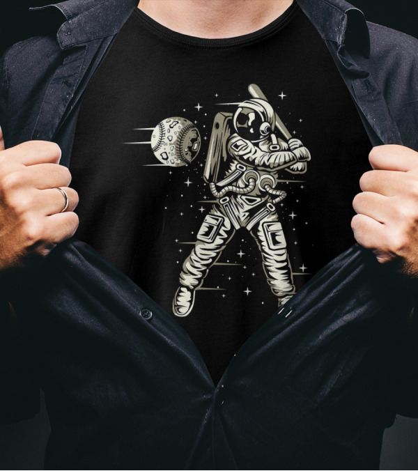 Astronaut Swinging Bat At Moon Baseball In Space T-Shirt