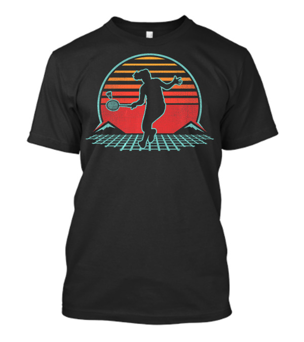 Badminton Retro 70s 80s Style Player Silhouette With Sunset And Mountains T-Shirt
