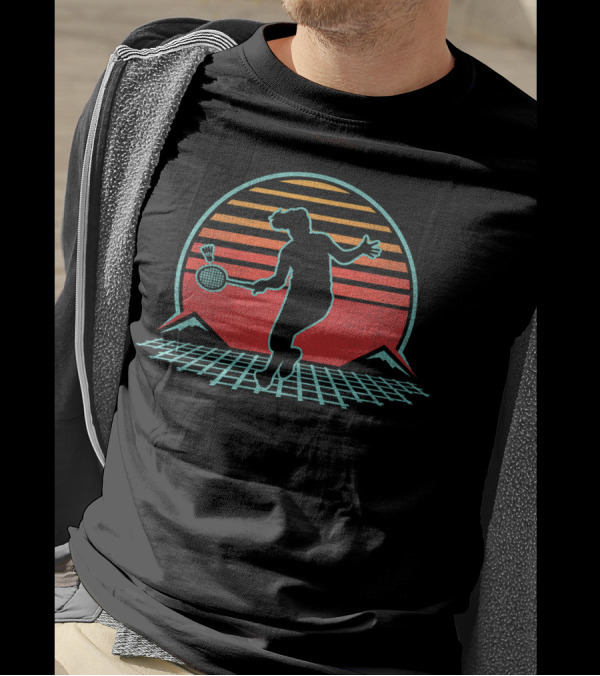 Badminton Retro 70s 80s Style Player Silhouette With Sunset And Mountains T-Shirt