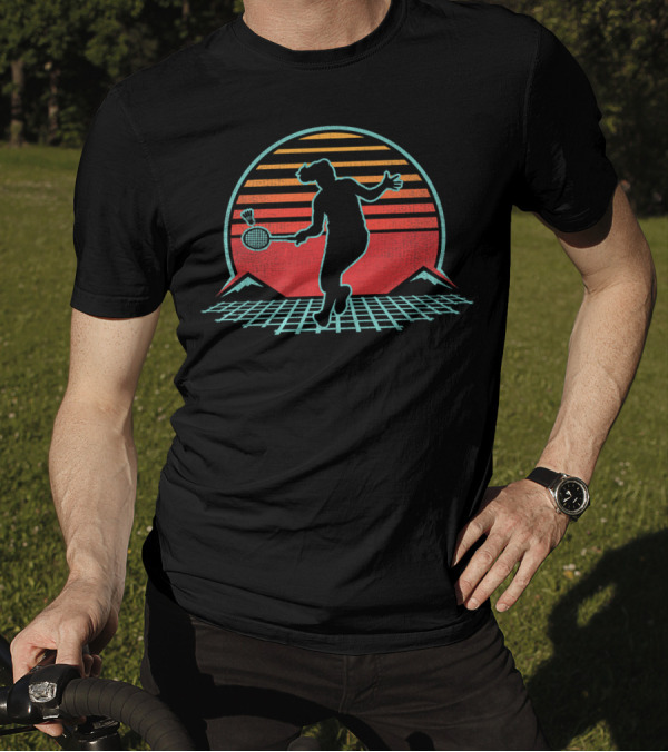 Badminton Retro 70s 80s Style Player Silhouette With Sunset And Mountains T-Shirt