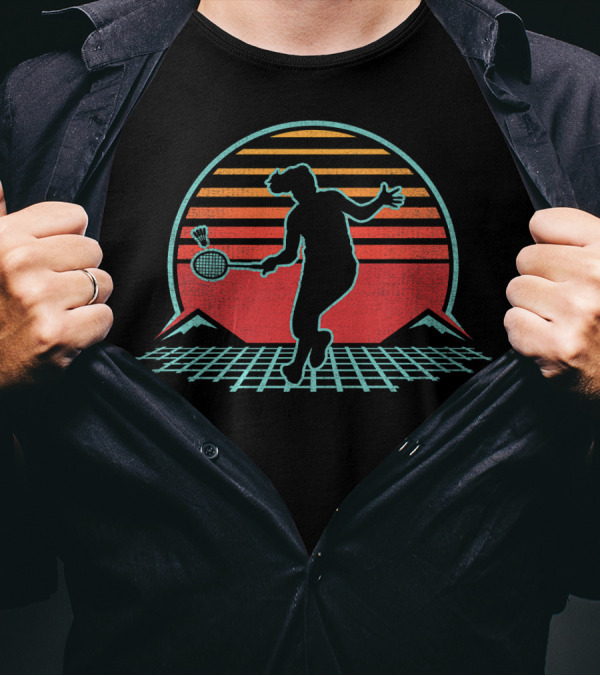 Badminton Retro 70s 80s Style Player Silhouette With Sunset And Mountains T-Shirt