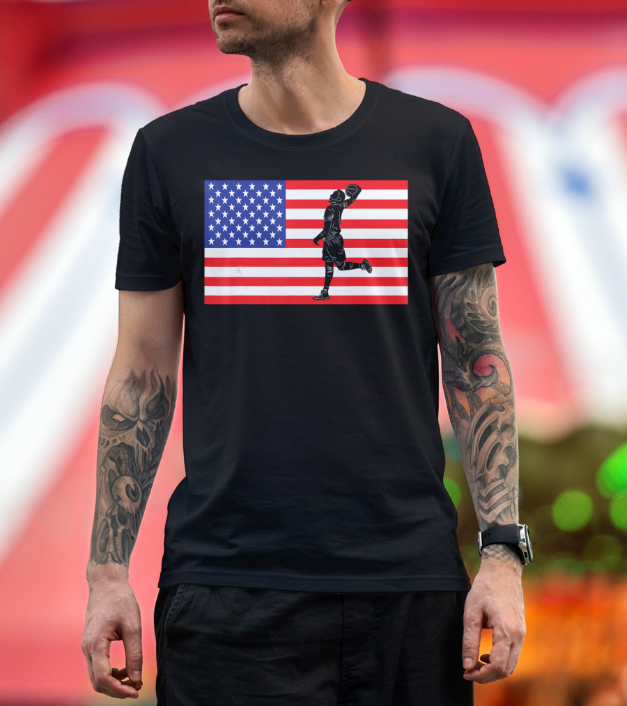 Basketball Player Dunking American Flag USA T-Shirt