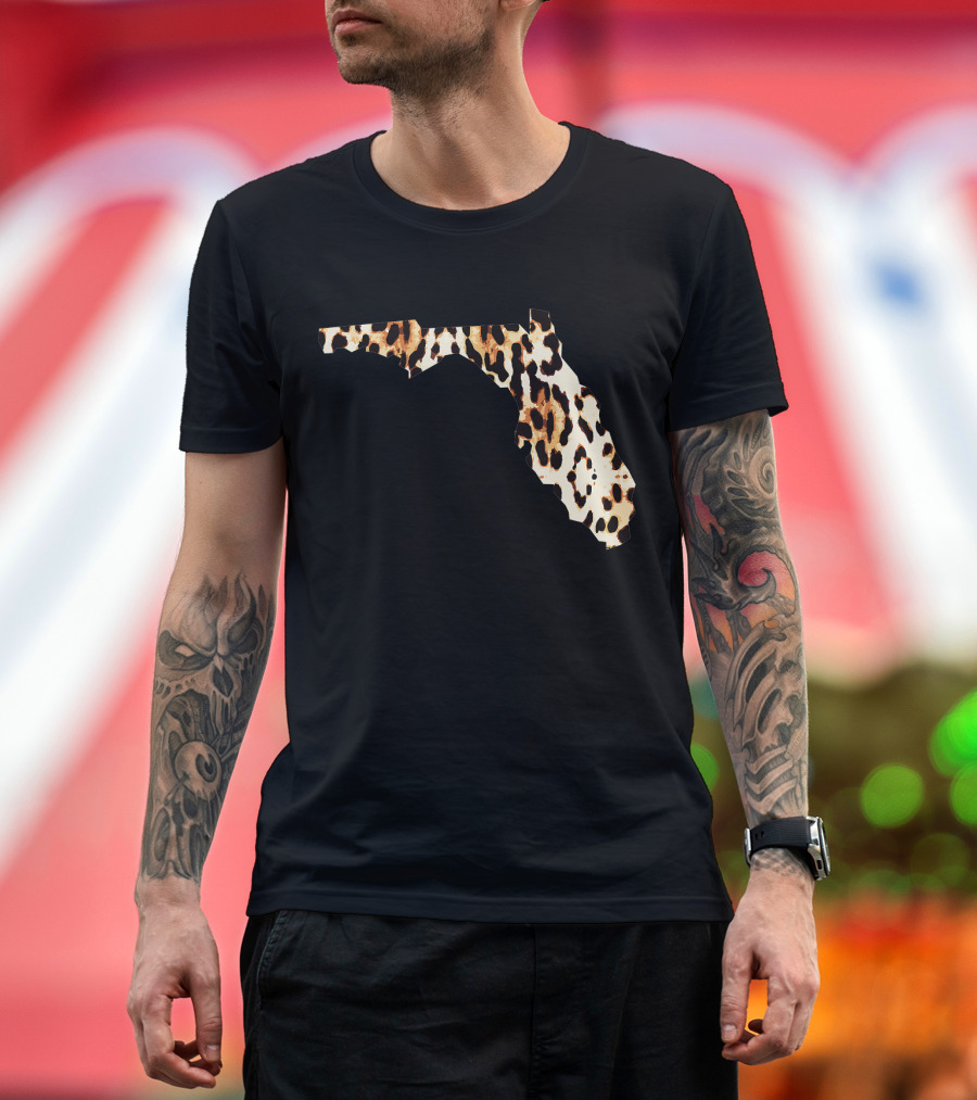 Cool Florida Leopard Cheetah Pattern State Shape T-Shirt