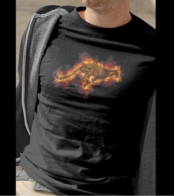 Running Flaming Cheetah Styl On Fire Background T-Shirt