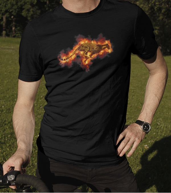 Running Flaming Cheetah Styl On Fire Background T-Shirt