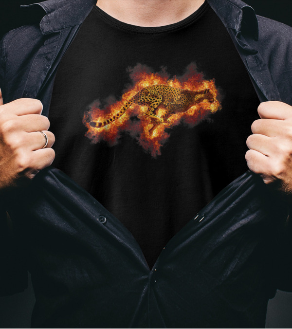 Running Flaming Cheetah Styl On Fire Background T-Shirt
