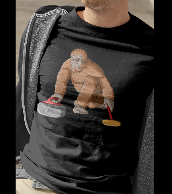 Bigfoot Sasquatch Playing Curling With Stone And Broom T-Shirt