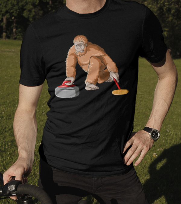 Bigfoot Sasquatch Playing Curling With Stone And Broom T-Shirt