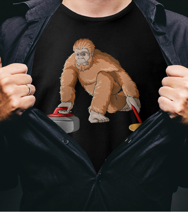 Bigfoot Sasquatch Playing Curling With Stone And Broom T-Shirt