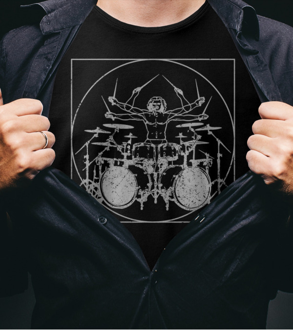 Vitruvian Drummer Man Double Bass Drumsticks T-Shirt