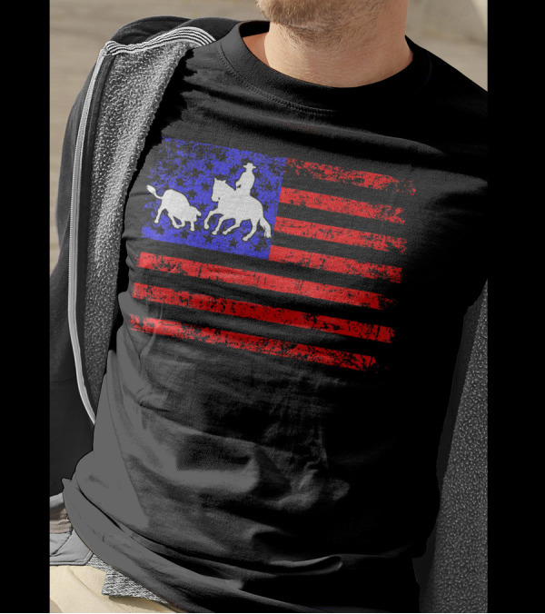 Ranch Sorting Horses Lovers USA Flag Western Rodeo Cowboy Patriot T-Shirt