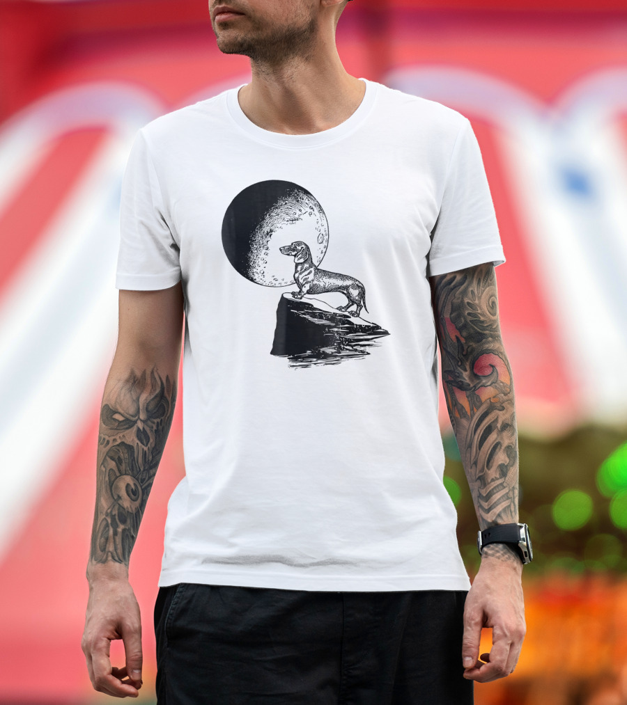 Howling Moon Dachshund on Rocky Cliff T-Shirt