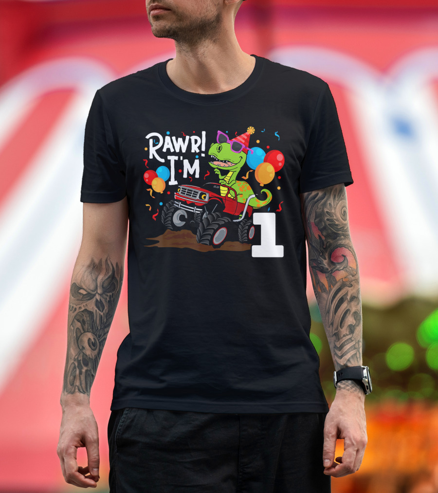 RAWR I'm 1 T Rex Dinosaur Monster Truck Birthday Party T-Shirt