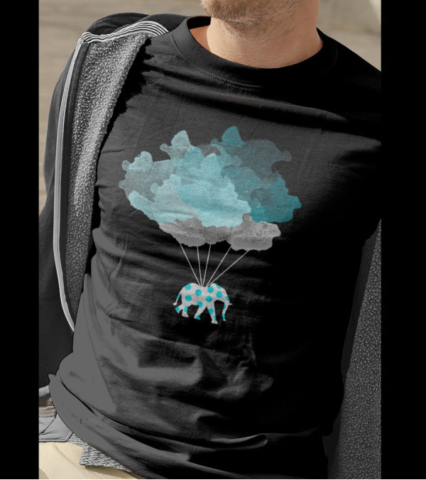 Teal Polka Dots Elephant Carried By Cloud Balloons T-Shirt