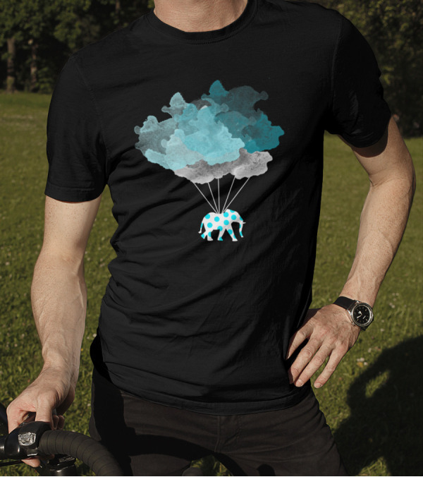 Teal Polka Dots Elephant Carried By Cloud Balloons T-Shirt